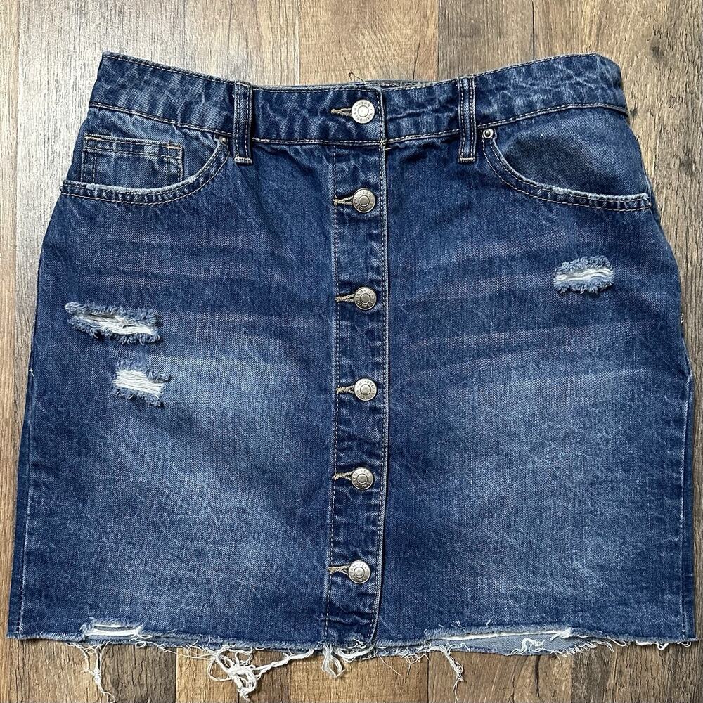 Y2K YMI Distressed Denim Blue Jean Mini Skirt Button Front Raw Hem Acid Wash VTG